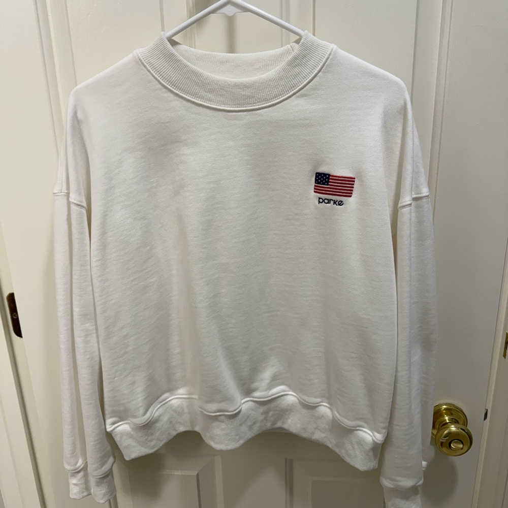 White Crewneck Sweater with Flag Embroidery